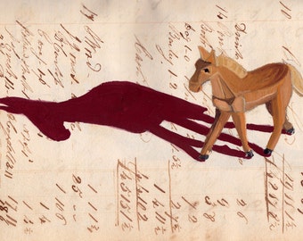 ORIGINAL PAINTING Vintage Wood Carved Horse in Gouache