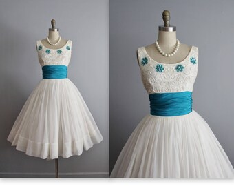 50's Wedding Dress // Vintage 1950's White Sequin Chiffon Wedding Dress Tea Gown XS