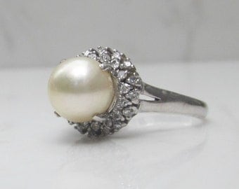 vintage pearl and diamond halo ring set in solid platinum size 625 pearl halo - Pearl Wedding Ring Sets vintage pearl and diamond halo ring set in solid platinum size 625 pearl halo - Pearl Wedding Ring Sets