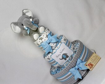 Baby Diaper Cake Elephants Shower Gift Centerpiece Boys Blue and Gray