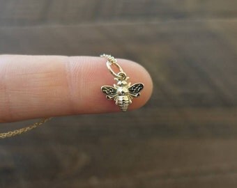 14k Solid Gold Bee Necklace - Nature & Gardener Gift Idea. Bee, Insect Jewelry. Will you BEE Mine?