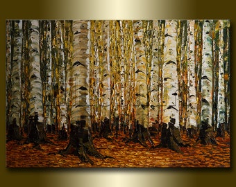 Birch Tree Forest Seasons Landscape Painting Oil on Canvas Textured Palette Knife Contemporary Original Modern Art 24X36 by Willson Lau