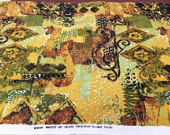 Vintage Linen Polynesian Tribal Print Fabric or Tablecloth 45" wide x 84" Yellow, Black and Green Print- Polynesian fabric, tribal fabric