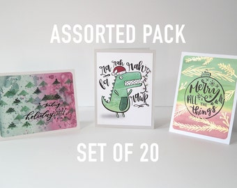 Assorted Pack - Watercolor Digital Print Handlettered and Embellished Christmas Cards - Set of 20