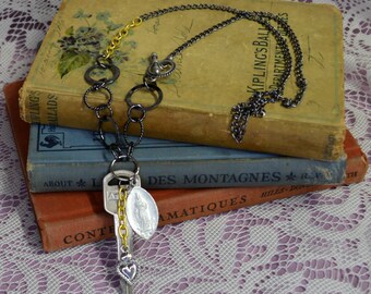 Rustic Vintage Inspired Saint Charm Key Necklace St Dymphna Patron Saint of Mental Illness Sacred Heart