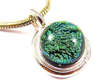 Dichroic Pendant - Green Emerald Chartreuse Dichro Fused Glass Silver Plated - 1/4" 6mm Dicro Nugget