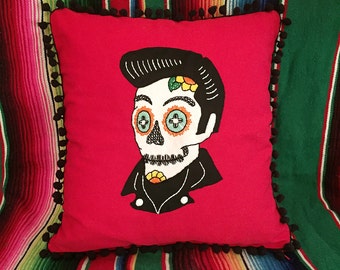 Day of the Dead Elvis Sugar Skull Embroidered Calavera on Red Pillow with Black Pom Pom Fringe