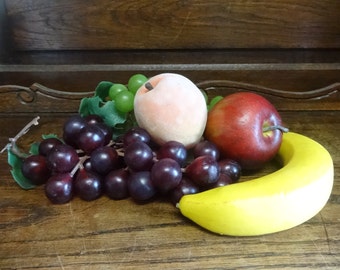 Vintage French fruit banana apple peach grapes artificial plastic display faux fake circa 1970-80's / English Shop
