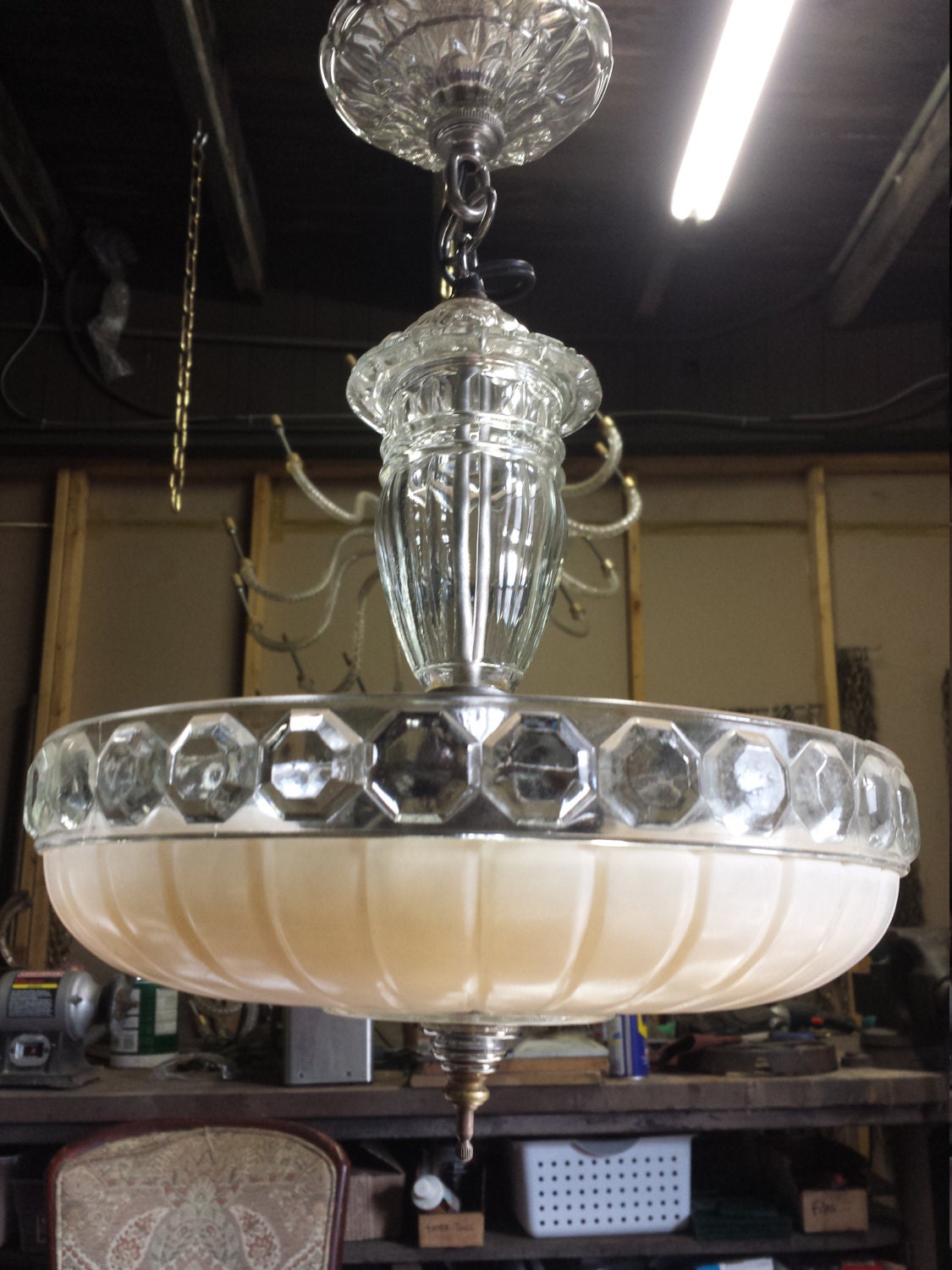 Twenties Glass Ceiling Light Restored Vintage Fixture Beige
