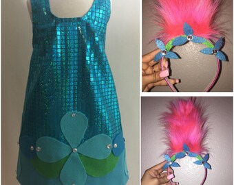 Adorable Sequins Trolls Poppy Costume w Matching Crystal Headband size