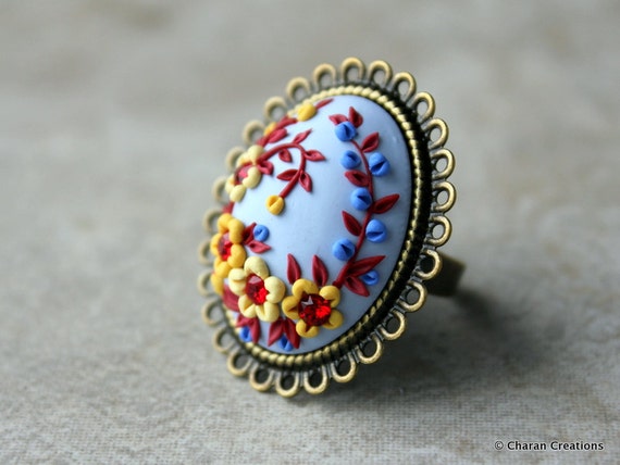 Gorgeous Polymer Clay Applique Statement Ring in Yellows Blue