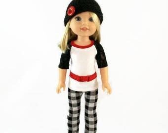 14 inch doll clothes, shirt, leggings, belt and handmade hat, designed to fit like wellie wishers™ doll clothes
