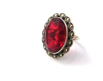 Art Deco Ring, Sterling Silver Ring, Vintage Marcasite Ring, Garnet Glass Ring, Uncas, Red Stones, Glass Statement Ring, Size 4.5