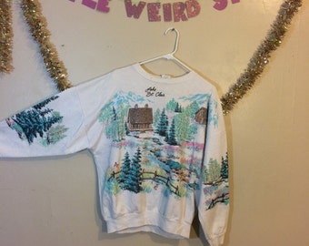 vintage 90s neon rainbow forrest scene grandma sweat shirt