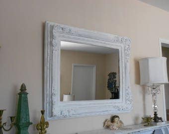 Baroque Hollywood Regency Large Ornate Wall Mirror - Shabby Chic Chunky Wood Framed Mirror - Distressed in Linen White