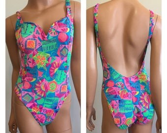 1980's Swimsuit Bright Swimsuit Abstract Swimsuit 80's Swimsuit High Cut Swimsuit High Cut One Piece Swimsuit