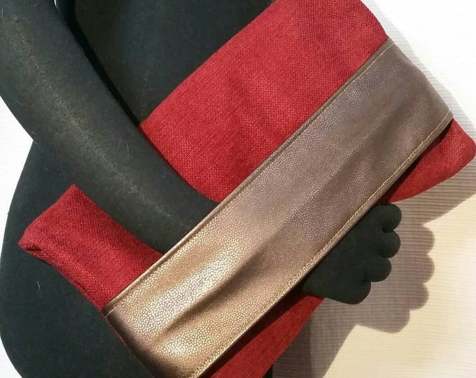 Clutch, Luscious Foldover Red Clutch, Bronze Faux Leather Arm/Hand Band, Upholstery Red Velvet