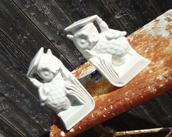 Vintage White Ceramic Set of Owl Bookends (Graduation Owls)