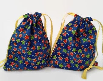 2 Green and Red Stars on Blue Birthday Drawstring Fabric Gift Bag Upcycled, Reusable