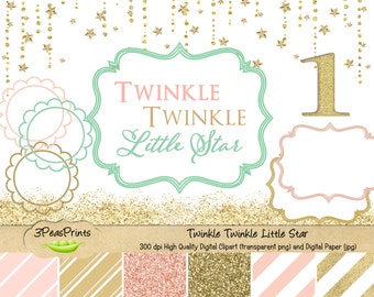 Twinkle Twinkle Little Star Clipart and Digital Paper Pack - Gold Glitter, Pink and Mint Clipart and Paper - Instant Download