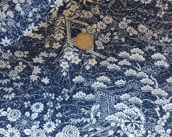 Vintage Japanese silk kimono fabric 92 cm x 36 cm rinzu blue and white flowers and wheel.