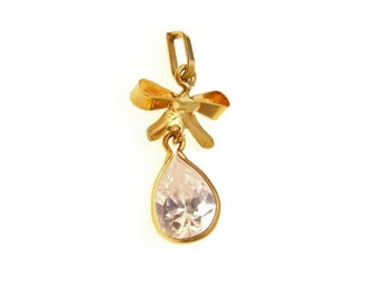 Vintage 14k Gold Bow Pendant Pear Cubic Zirconia Drop
