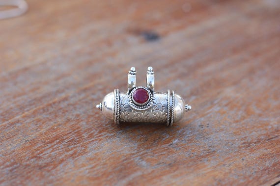 RUBY MANTRA NECKLACE - Sterling Silver- Mantra Box- Crystal Necklace- Gemstone- Spiritual Jewellery- Keepsake- Photo-Perfume necklace