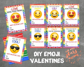 Emoji Faces - Set of 6 Kid's Classroom Valentine Cards | Instant Download | Coordinating Backing Pattern Included