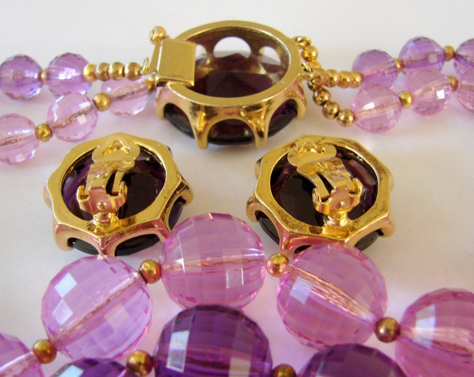 Chunky Vintage Translucent Amethyst Lucite Necklace Earrings Demi Parure Ornate Glass Clasp Faceted Glass Earrings Vendome?