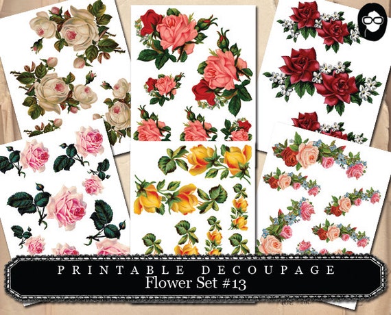 Floral Clipart - Decoupage Flowers Set #13 - 6 Page Instant Download, roses clipart floral, pink rose clipart, bouquet clipart, roses flower