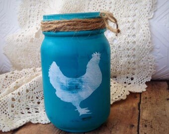 Chicken Painted Mason Jar, Pint Sized Mason Jar Hand Painted, Hen Chicken Motif Rustic Home Decor, Decorative Mason Jar, Kitchen Gift