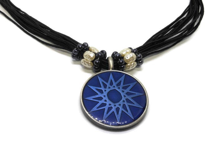 FREE SHIPPING Blue star pendant, round blue epoxy pewter pendant, faux translucent seed pearl ringlets, multi-strand black cord, star or sun