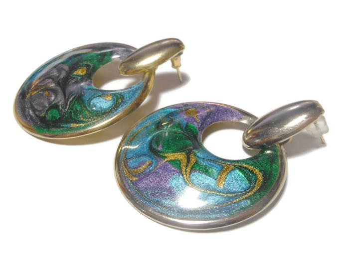 FREE SHIPPING Swirled enamel earrings, light weight, semi hoop shape, color swirl finish, mod pierced earrings, marble effect, gold tone