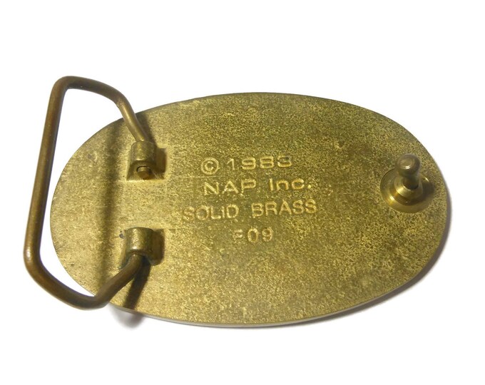 World's Greatest Fisherman belt buckle, solid brass western belt buckle, enamel inserts, fishing present, 1983 signed NAP inc. vintage