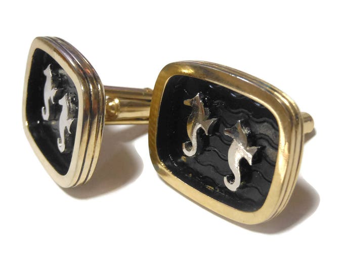 Kreisler Craft Seahorse cuff links, gold with black wave background, mid century great for a destination wedding vintage