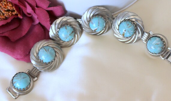 Aqua Bracelet - Lucite Cabachons - Silver Tone Setting - Boho Style Thermoset