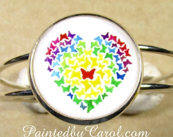Butterfly Heart Bracelet, Rainbow Butterfly Heart Cuff Bracelet, Heart Jewelry, Butterfly Jewelry, Butterfly Cuff, Valentines Gift