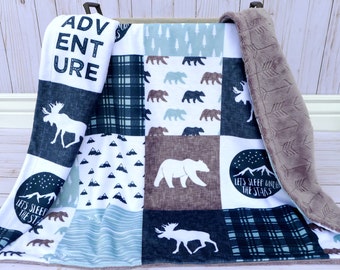 Baby Blanket - Faux Patchwork Quilt - Moose Baby Blanket - Bear Baby Blanket - Baby Gift - Baby Blanket Boy - Minky Baby blanket - Blue Gray