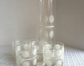 Vintage Mid Century Modern Cocktail Glasses and Pitcher / Zodiac Astrology Frosted Glass Martini Glassware Set