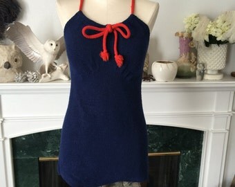 Vintage 30s 40s jantzen nautical blue red wool crossback swimsuit