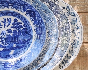 Mismatched Blue and White Dinner Plates for Weddings Set of 4, English Blue Transferware English China, Rustic, Replacement China