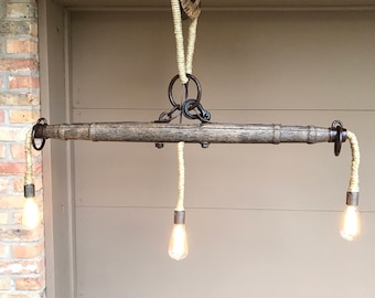 Rustic Light Industrial Chandelier Rope Pulley Yoke Wood Metal