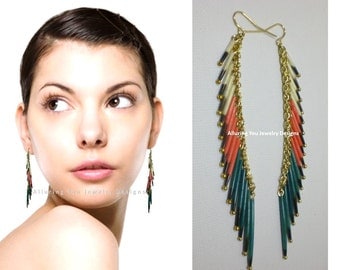 Porcupine Quill Earrings, Coral Teal White, Porcupine Quill Tassel Earrings, Porcupine Earrings, Dangle Earrings, Taxidermy Earrings