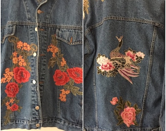 Made to Order RitaNoTiara vintage customised Levis jacket all sizes Embroidery patch patch roses floral denim peacock mid west prairie boho