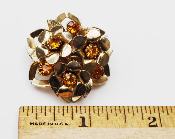 Coro Rhinestone Brooch - Amber orange Glass - Layerd domed - Flower Floral - Atomic - mid Century pin