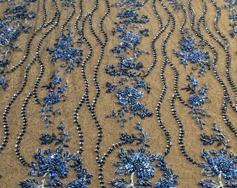 Navy Blue Lace Fabric, Lace, Beaded Lace, Blue Beaded Lace, Floral Lace, Embroidered Fabric, Embroidered Tulle, Blue and Black Lace