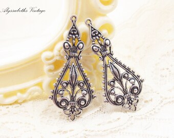 Ornate Antique Silver Ox Victorian Filigree Chandelier Earring Findings Connectors Dangles - 4