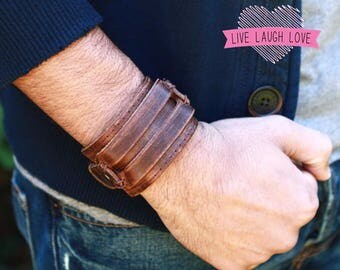 Genuine Leather Cuff Bracelet for Men, Chunky Super Wide, Johnny Depp, Cover Wrist Tattoo Snap Closure Stitched Double Band Black Brown B063