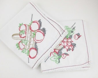 Tomatoes OR Radishes - Large White Cotton Muslin Dish Towels - Super Absorbant - Embroidered - Kitchen - Mix and Match - Wrap a Present
