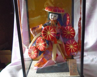 Vintage Japanese Geisha Doll in Glass Display Case, Vintage Gofun Face, Hands and Glass Eyes.